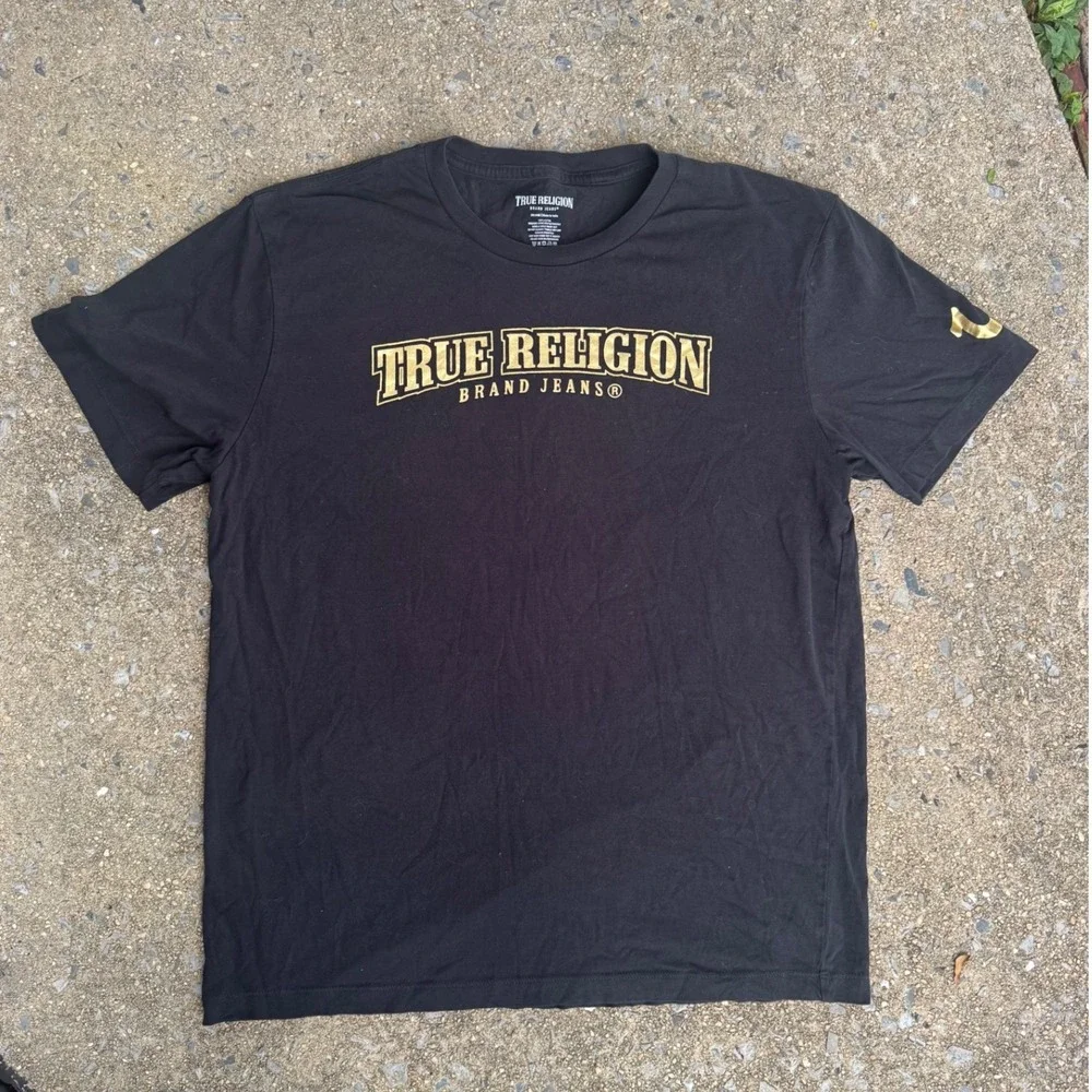 True Religion Mens T-Shirt 2XL Black Gold Logo Graphic Short Sleeve Cotton Tee